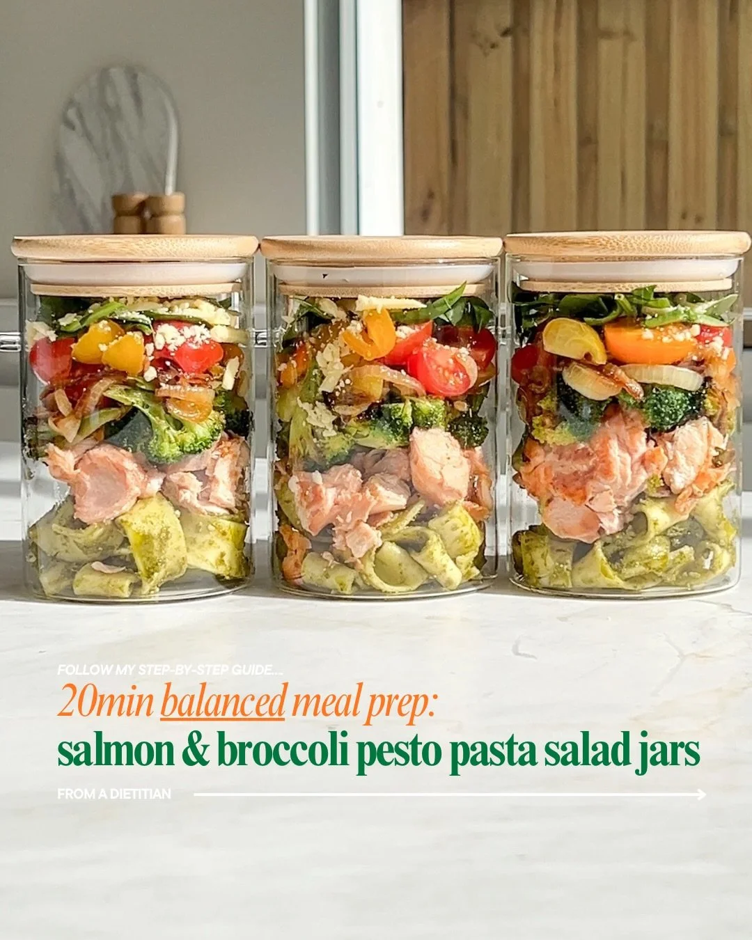 Easy, 20 minute balanced meal prep 🍝 🍅 ❤️
My Salmon &amp; Broccoli Pesto Pasta Jars are the ultimate grab-and-go lunch - high in protein, packed with fibre, and so creamy &amp; fresh. Make once, and you&rsquo;ve got 3 days of balanced meals sorted 
