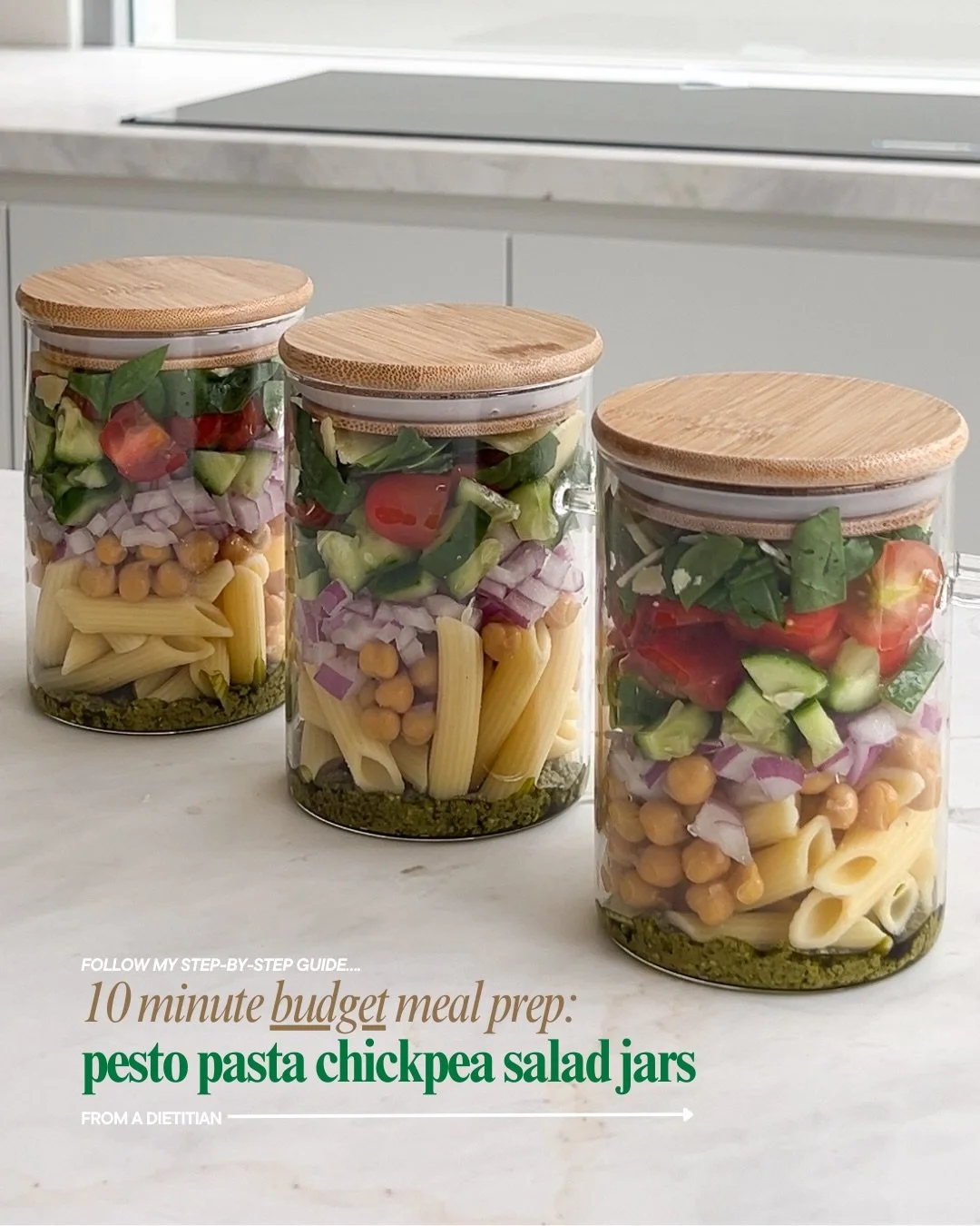 Meal prep made easy 🙌 My Pesto pasta chickpea salad jars cost under $4 per serve, are packed with plant protein + fibre, and keep fresh for 3 days of lunch 💚 Swipe through &amp; save for a step-by-step guide to make them. 

Get my full meal prep eb