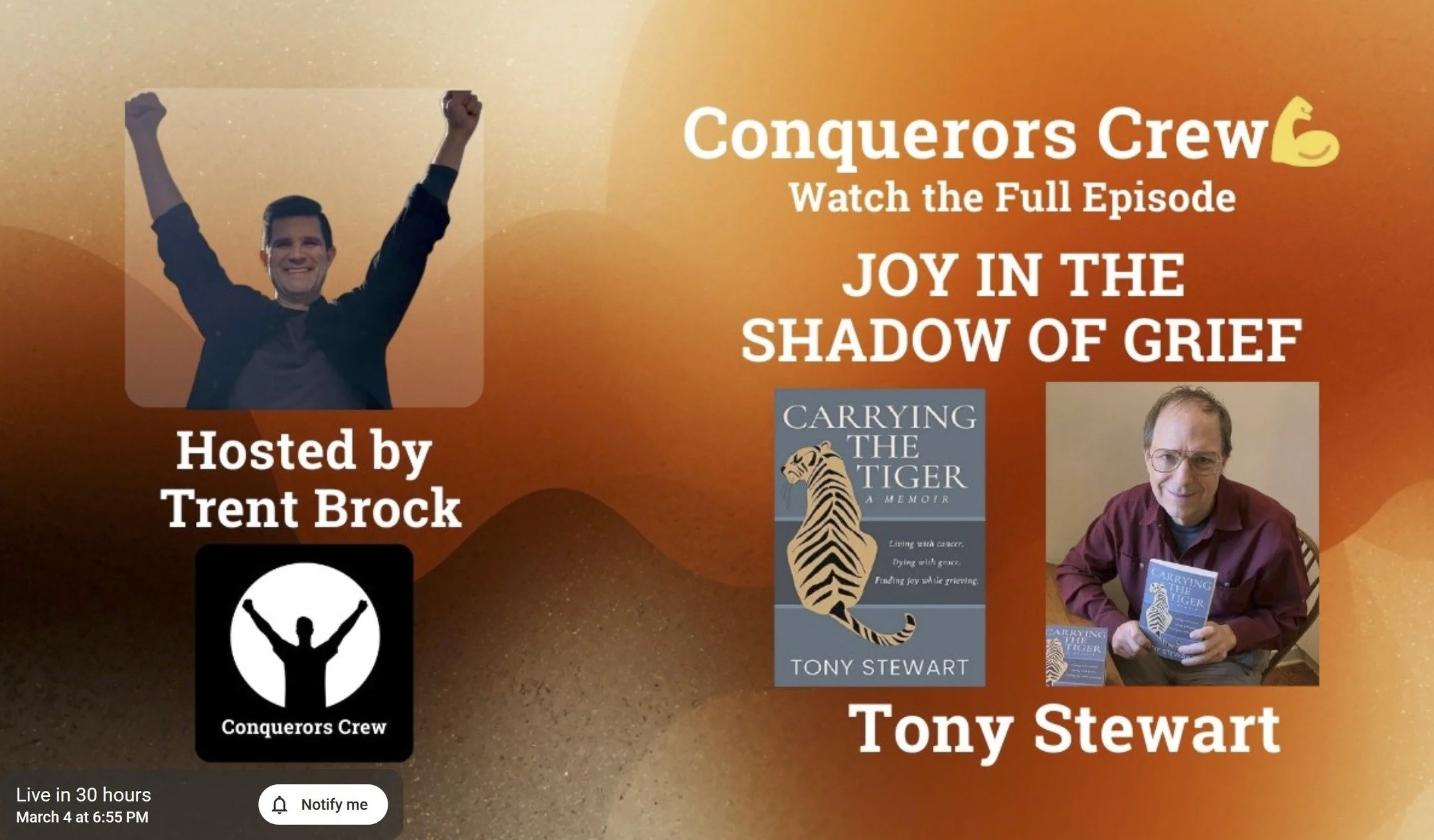This Wednesday at 7:00 PM Eastern, I will be interviewed LIVE on the Conquerors Crew podcast. I'm pretty excited, both because it will be live (which always brings extra adrenaline) and because Trent plans to cover both aspects of my story: caregivin