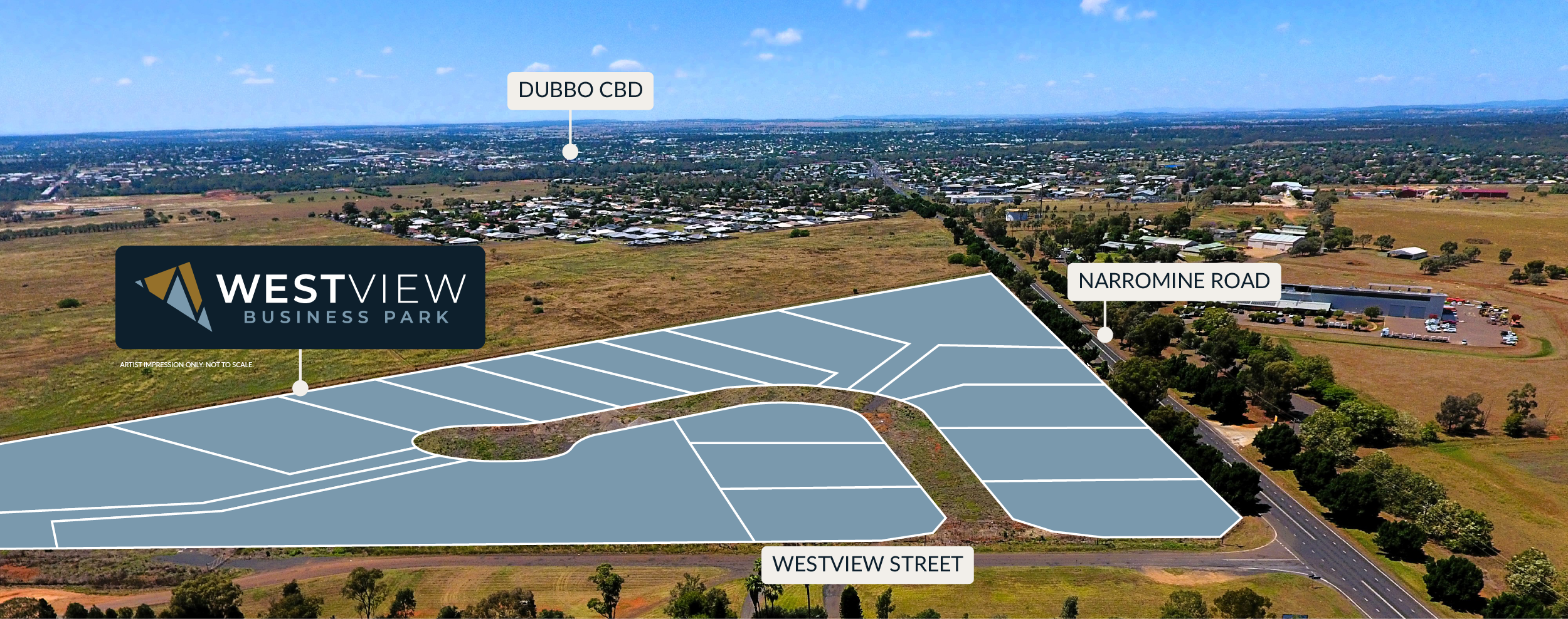 aerial view of westview business park, looking towards Dubbo, with the lot layout superimposed over the area.