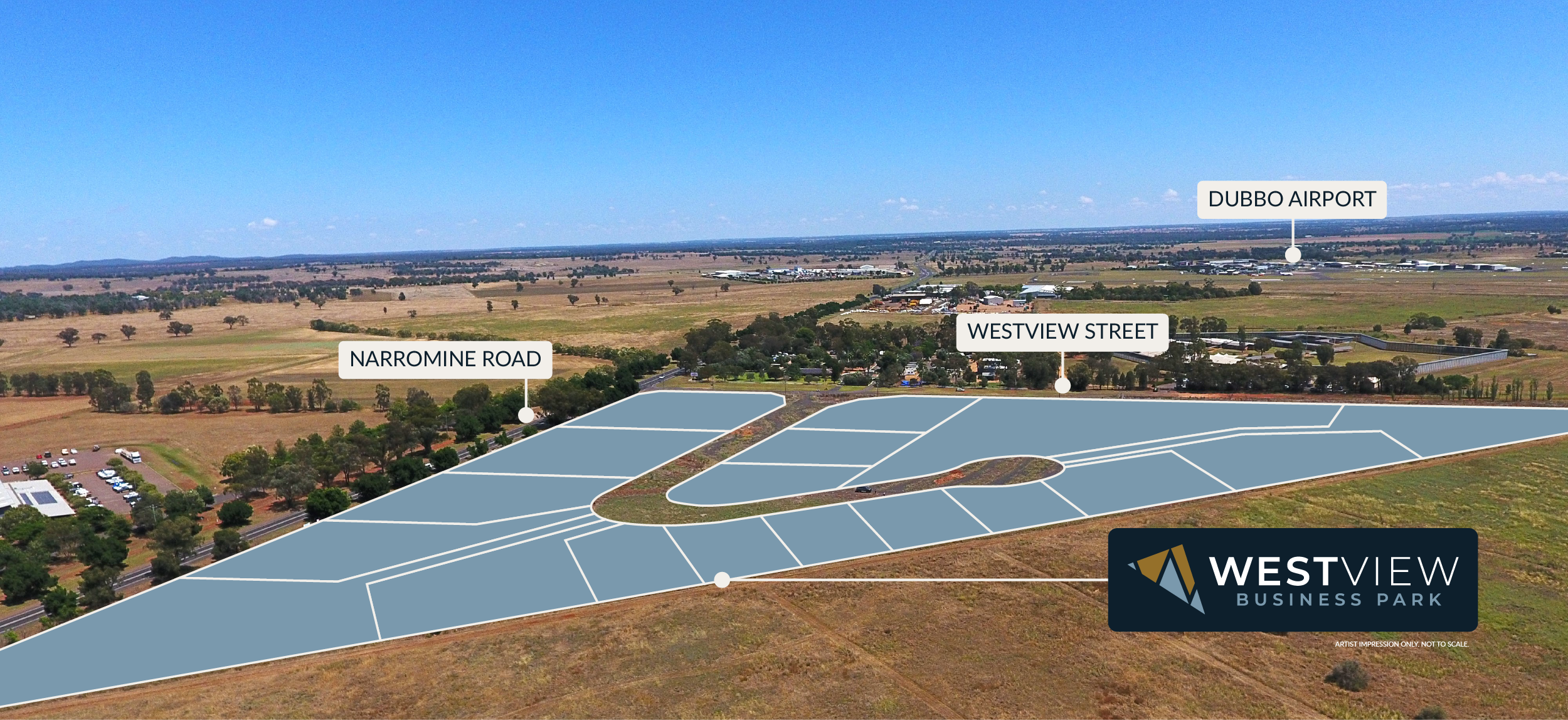 aerial view of westview business park, looking towards the airport, with the lot layout superimposed over the area.