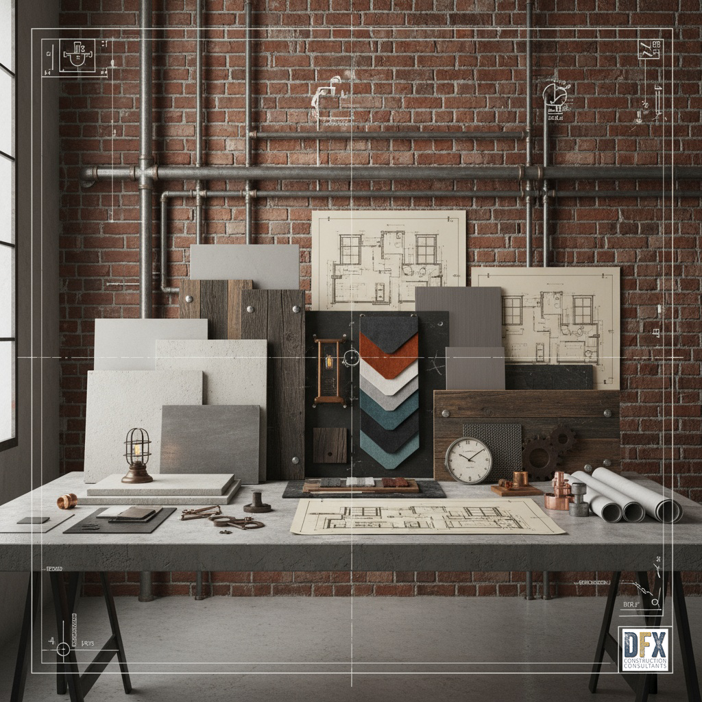 Design studio workspace with brick wall, metal piping, and architectural blueprints, samples, and tools on a concrete table.
