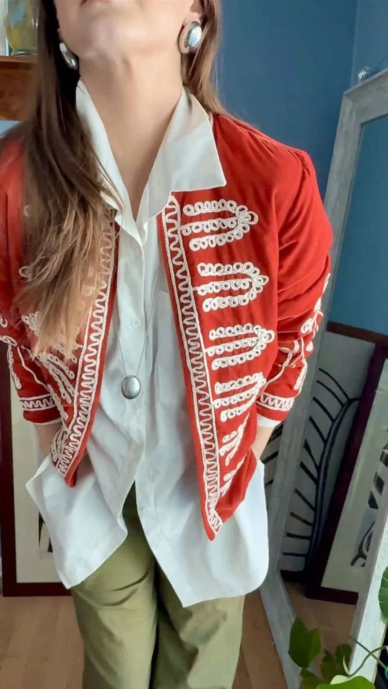 shop the look here or create your own from what you have in your closet & tag me on instagram! (themargauxedit)
.
I'm wearing:
vintage red velvet military jacket from eBay (brand: Monsoon)
thrifted white shirt
army green massimo dutti oversized/wide 