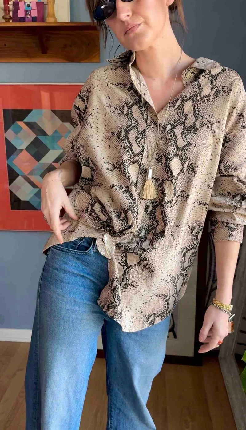 Snake skin shirt is vintage Bill Blass from eBay!  (Brooch is my daughters’ - I reverse image searched & I think it’s from alibaba 😂😂) 