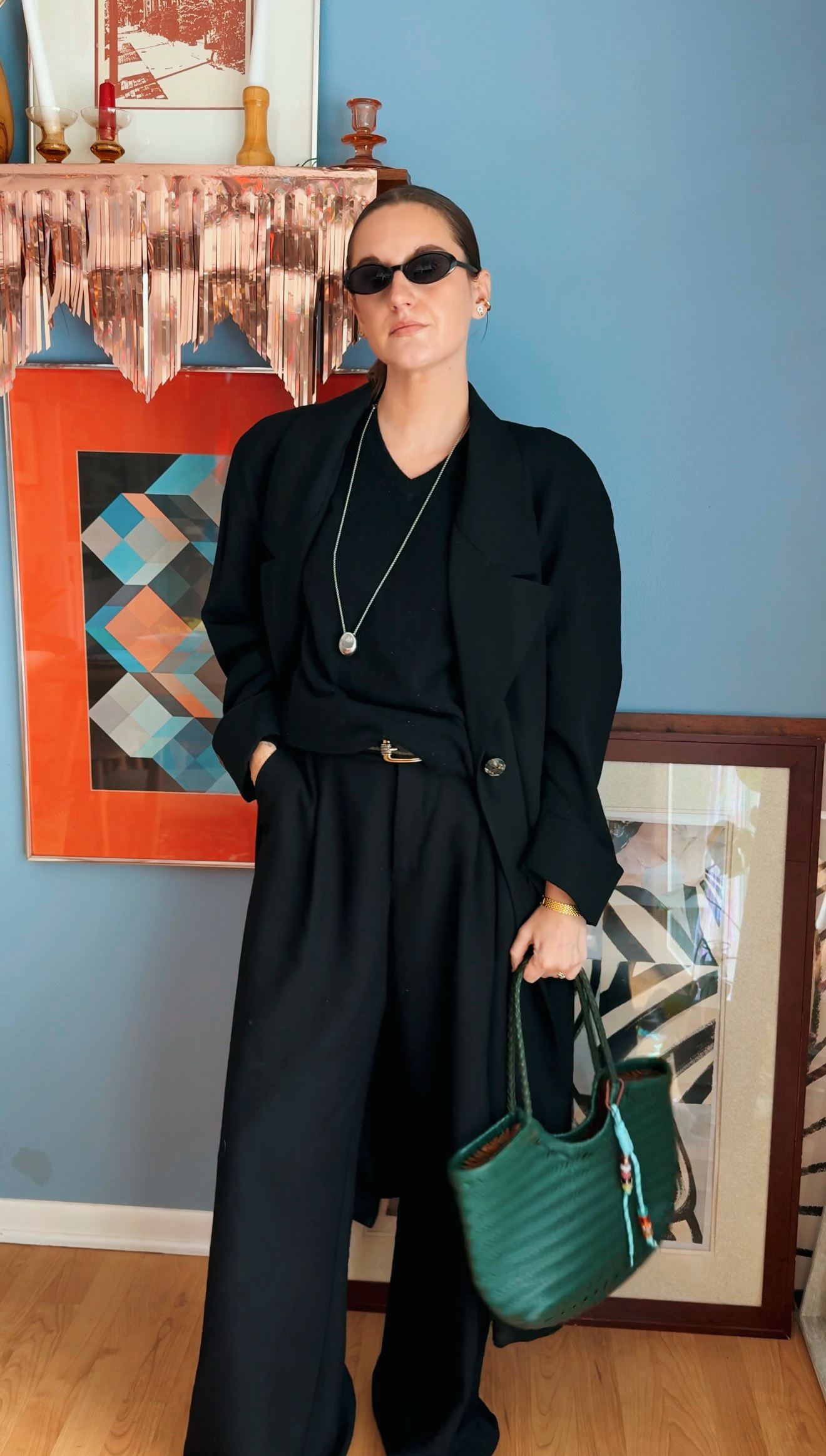 COS PANTS OR BUST! blazer is frankie shop but I found a mucch cheaper one - my oversized blacck vneck sweater is thrifted but you can find them anywhere1 I linked a nice one just in case! (my keyboard is being emo)