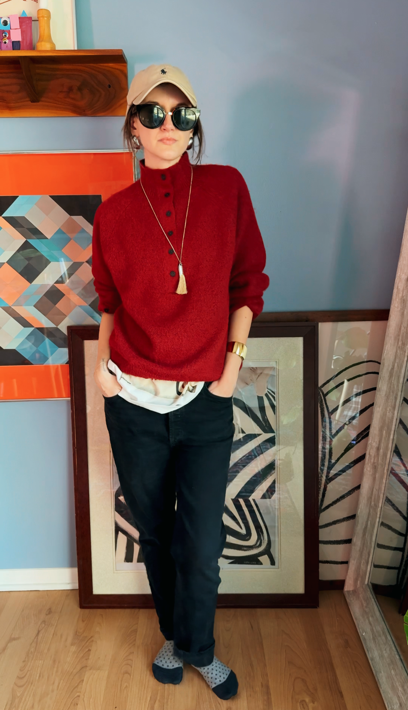 Geriatric diva (I sized up in jeans)  (also they only have the cropped left in stock)

idk if they sell the new balance 574's anymore but the 515H is v similar
my sweater is cordera in dahlia but sold out - i found similar
blazer old 4th+reckless