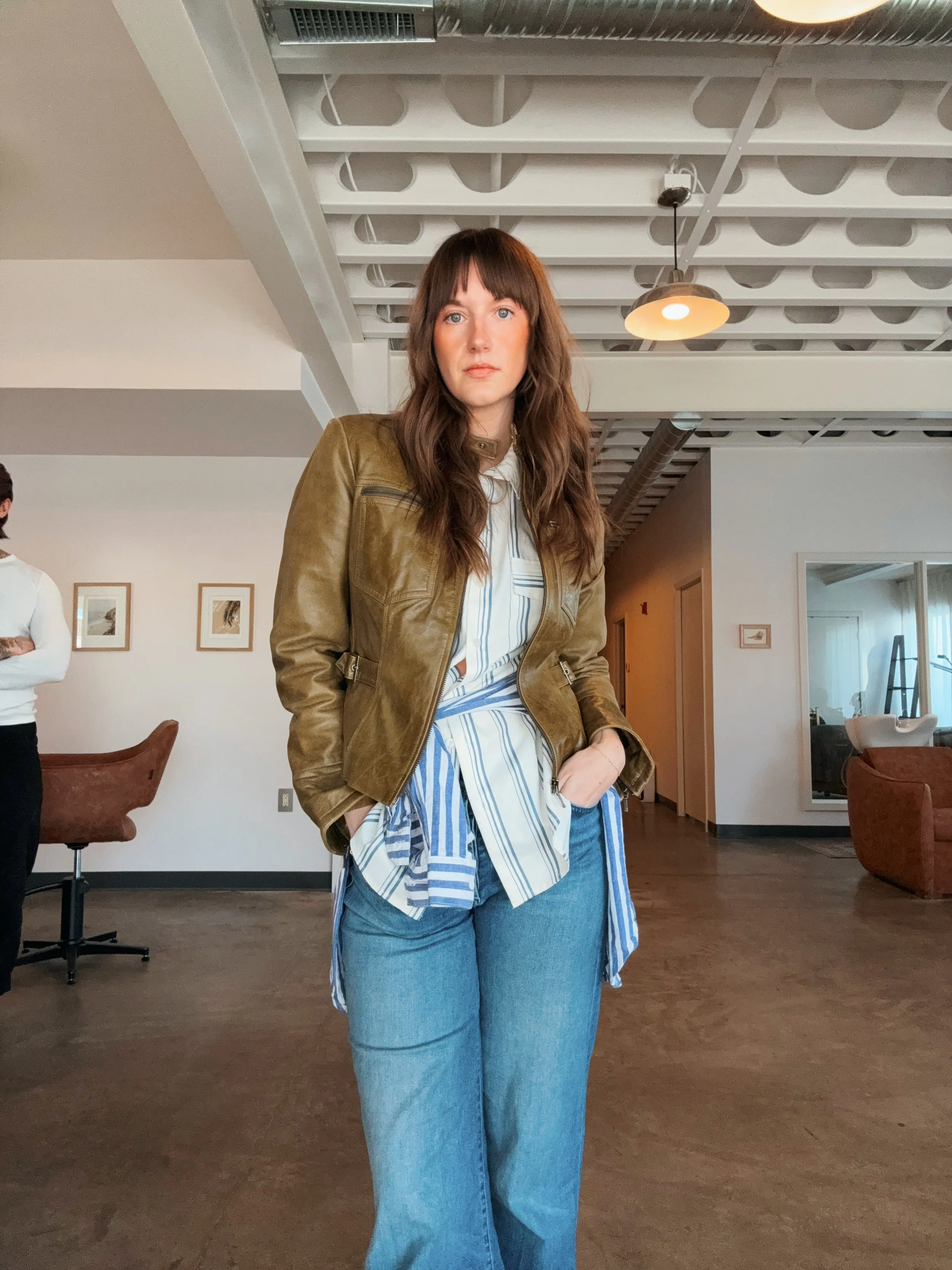 olive green leather jacket is thrifted but i found some similar! mother jeans are expensive but sooooo worth it