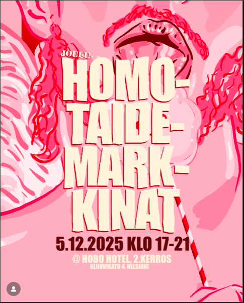 Promotional poster image for HOMOTAIDEMARKKINAT in pink and contains the date 5.12.2025