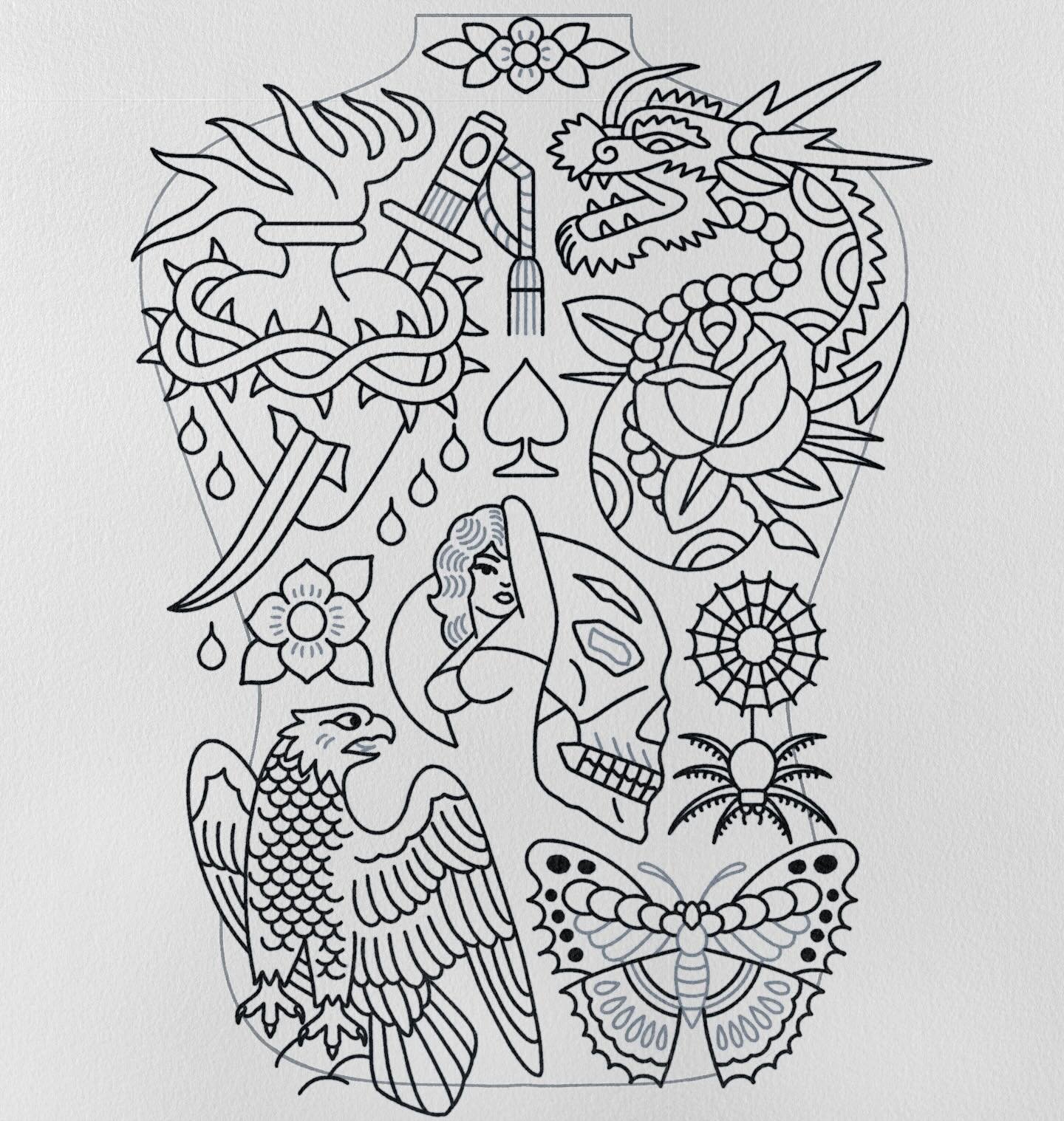 Some new back piece ideas up for grabs🦚 Read below for details!

A back piece by me usually takes 2-3 sessions. First session for the lines, with tattooing time ranging from 2 to 5 hours. The second session is typically 6-8 hours, and the same goes 