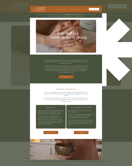 A website page for Inner Radiance Holistic Beauty & Healing featuring a massage therapy session with hands gently massaging a person's face, and a person holding a singing bowl.