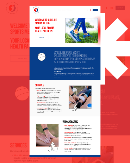 A webpage of Sideline Sports Medics featuring a red and white color scheme with sections for services, a contact form, and an image of a person tying their shoelaces on a grassy field.