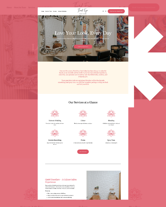 Screenshot of a beauty salon website with a pink header and elegant interior decor. The page features a logo reading 'That Edge' and a prominent message 'Love Your Look, Every Day,' with services listed such as Balayage & Styling, Color, Balayage, Brazilian Blowout, Perms, and Smoothing Treatments.