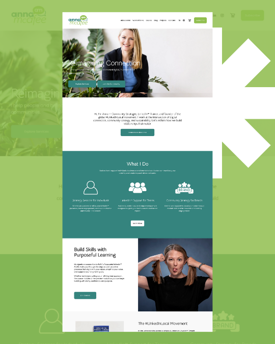 A woman with blonde hair, smiling and sitting next to a plant on a website homepage with the logo 'annacmee' and text about building digital connections.