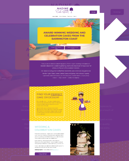 Website homepage for Nadine, a cake designer, highlighting award-winning wedding and celebration cakes from Barrington Coast. Features a vibrant yellow section with cartoon character holding a cake, and a photo of a decorated wedding cake.