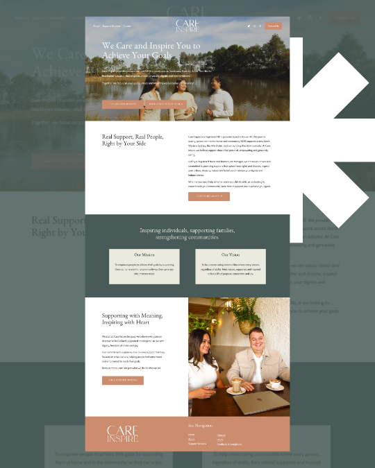Screenshot of a website homepage for a support or inspirational organization, featuring a header image of two women and one man standing outdoors near a river, with trees in the background. The page contains sections with mission and vision statements, and a photo of two women and a man sitting at a table with coffee, smiling.