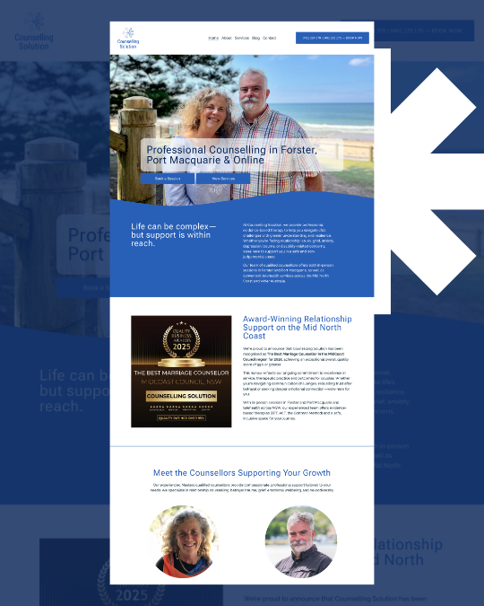 Screenshot of a counseling service website featuring a header with navigation links, a main image of an elderly couple at the beach, and sections promoting professional counseling, awards, and counselor profiles.