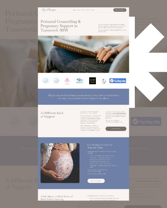 Screenshot of a website for Perinatal Counselling & Pregnancy Support in Tamworth, NSW, featuring images of a pregnant woman and a person holding a pregnancy book.