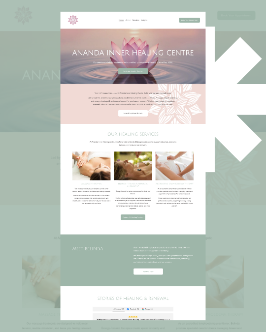Webpage for Ananda Inner Healing Centre featuring a lotus flower, healing services images, and a clean, calming design with pink and green accents.