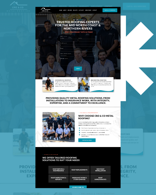 Screenshot of Cro & Co Roofing website homepage featuring company information, service offerings, and contact details.