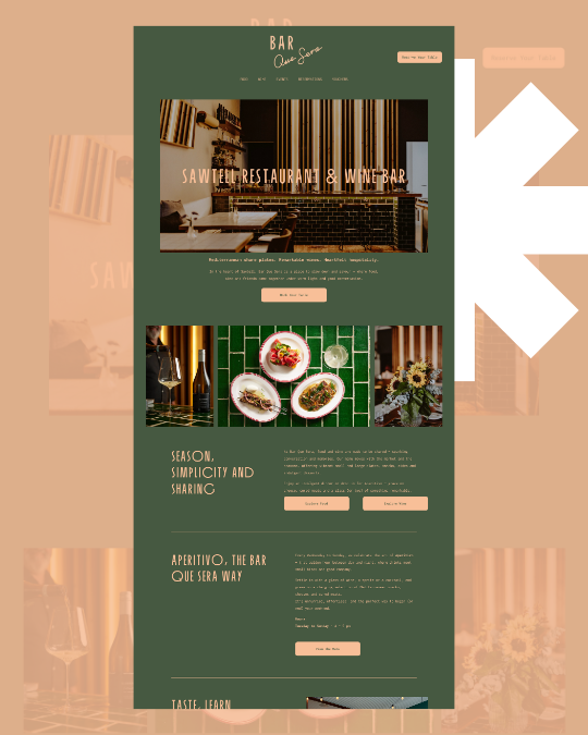 Screenshot of a restaurant website with a green and beige color scheme, featuring sections about the bar, seasonal dishes, and the restaurant's approach to cuisine.