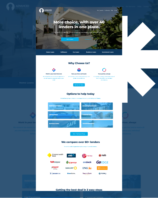 Screenshot of a website for a lending service, featuring a blue and white color scheme, with text promoting over 40 lenders, options to compare lenders, and logos of various banks at the bottom.