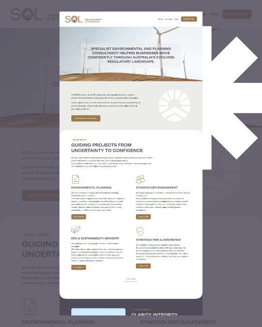 Screenshot of a website homepage for SOL Environment and Planning featuring wind turbines on a landscape, with sections on environmental planning, stakeholder engagement, and strategic risk and assurance.