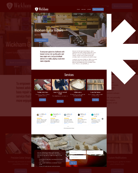 A website homepage for Wickham Guitar Repairs, featuring a background image of a workshop with guitars and tools, service icons with descriptions, and a contact form.