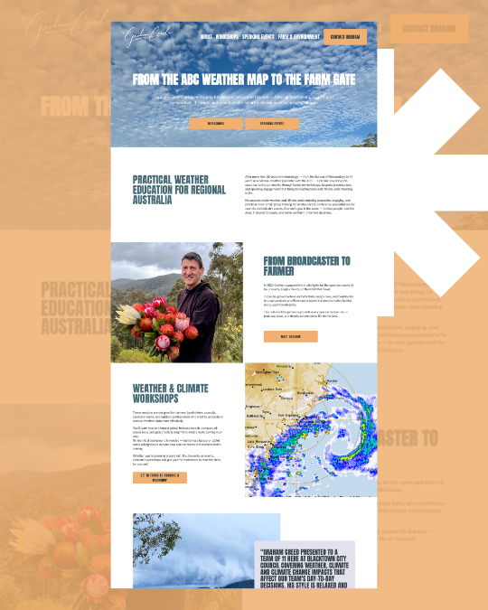A webpage titled 'Practical Weather Education for Regional Australia' featuring a blue sky and cloud design, with sections about weather maps, a farmer holding a bouquet of flowers, a weather forecast image, and weather workshop information.