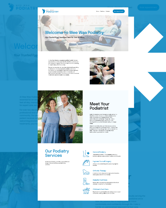 Screenshot of the Wee Waa Podiatry website homepage, featuring images of a foot and ankle treatment, a patient receiving foot care, and two smiling people outdoors, with information about podiatry services.