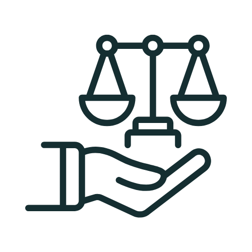 Icon of a hand holding a balance scale.