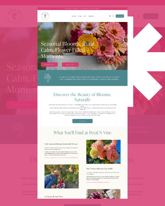 A website homepage for Petal N Vine featuring seasonal flowers, with a large banner image of pink, orange, and yellow flower bouquets, and sections about flower blooms and flower arrangements.
