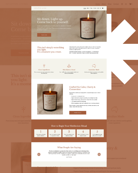 A webpage promoting a meditation candle, featuring a large image of the candle lit, with calming text about relaxation and mindfulness. The page has sections about the candle's ingredients, ritual, and benefits, with a step-by-step guide on beginning meditation.