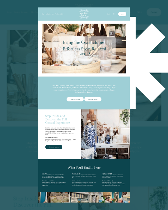 Screenshot of a website homepage showcasing coastal home decor, with images of interior furnishings, decorative items, and a woman shopping for home accessories.