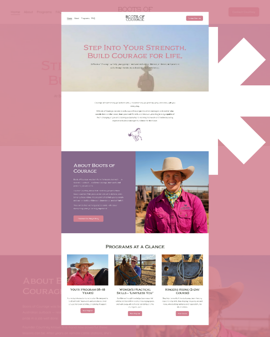 A website homepage for Boots of Courage featuring motivational text, a woman in a pink shirt and cowboy hat, and information about programs for women, youth, and runners.