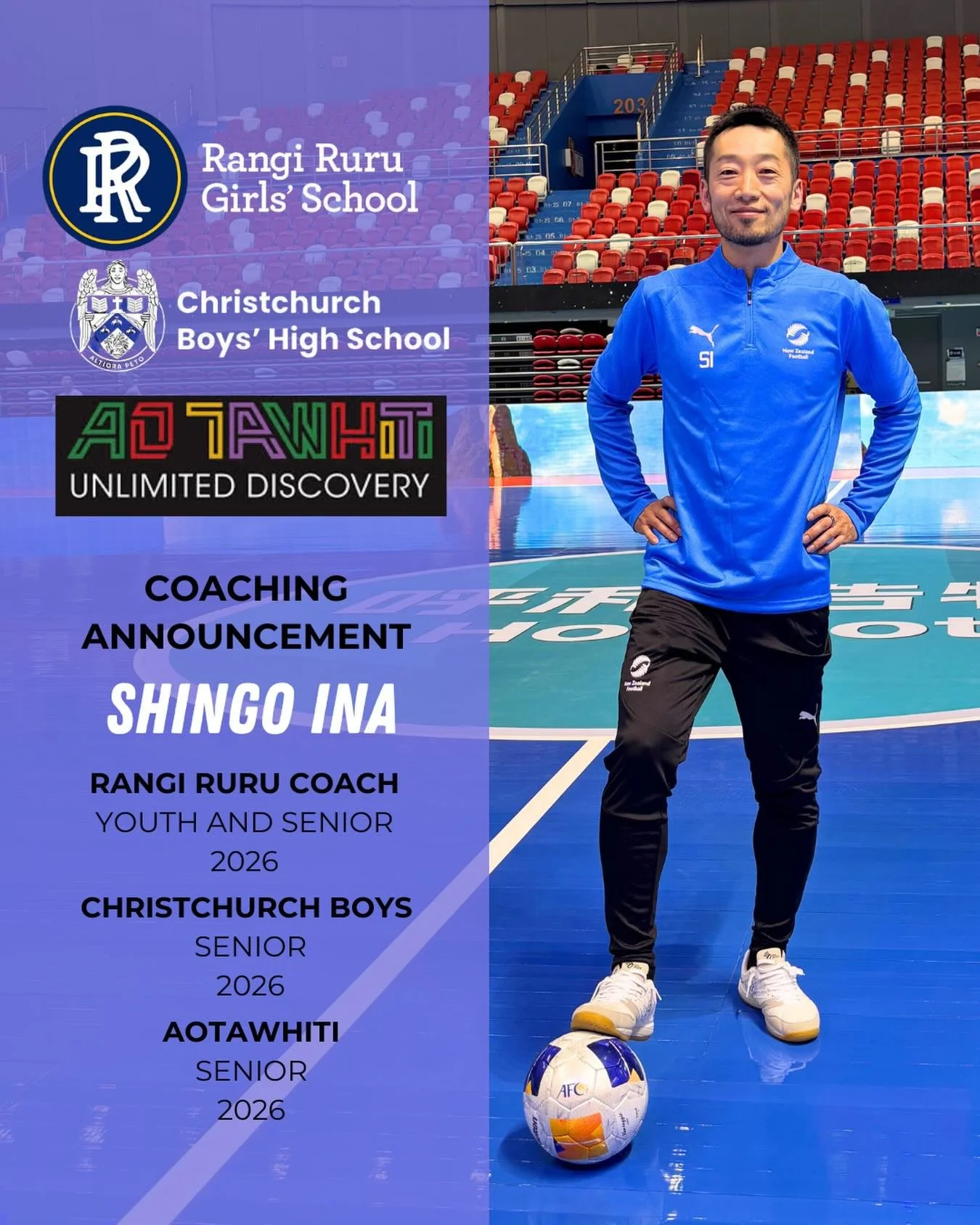 In 2026, Shingo continues his coaching work with Christchurch schools: 
⚽️ Rangi Ruru @rangirurusport 
⚽️ Christchurch Boys&rsquo; High School @cbhs_1stxi 
⚽️ Ao Tawhiti @ao.tawhiti.unlimited.discovery 

Having started working with these schools last