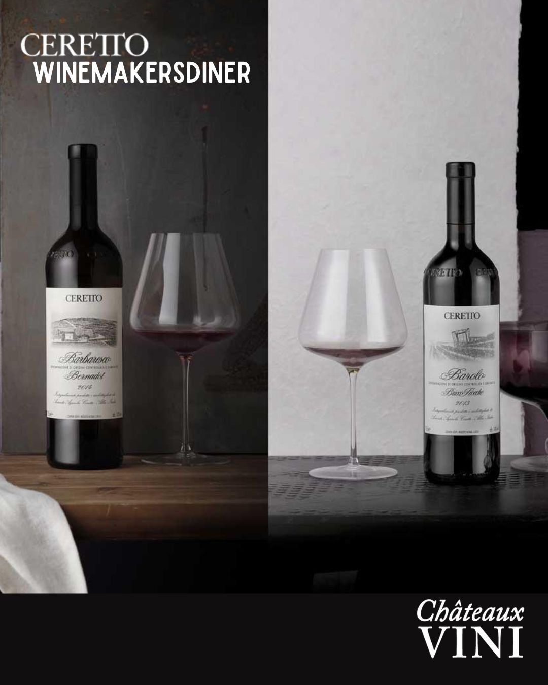 Laatste plaatsen voor ons exclusief diner met Ceretto! 

Op 20 april om 19u organiseren we een unieke avond met het gerenommeerde wijnhuis Ceretto.
Tijdens deze winemakersdiner geniet je van een unieke degustatie van topwijnen uit Piemonte, waaronder