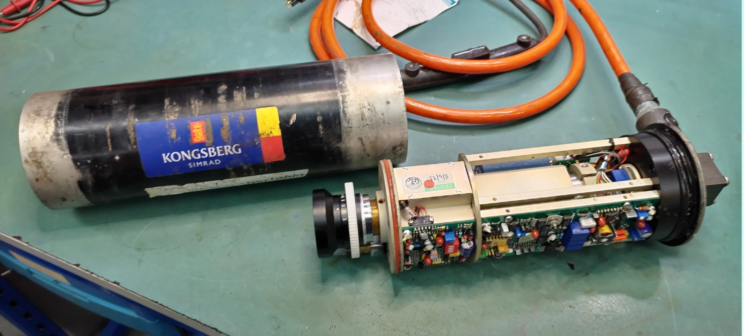 Kongsberg Simrad underwater camera unit open for inspection and electronic repair at Northern Power Electronics Ltd, Newcastle