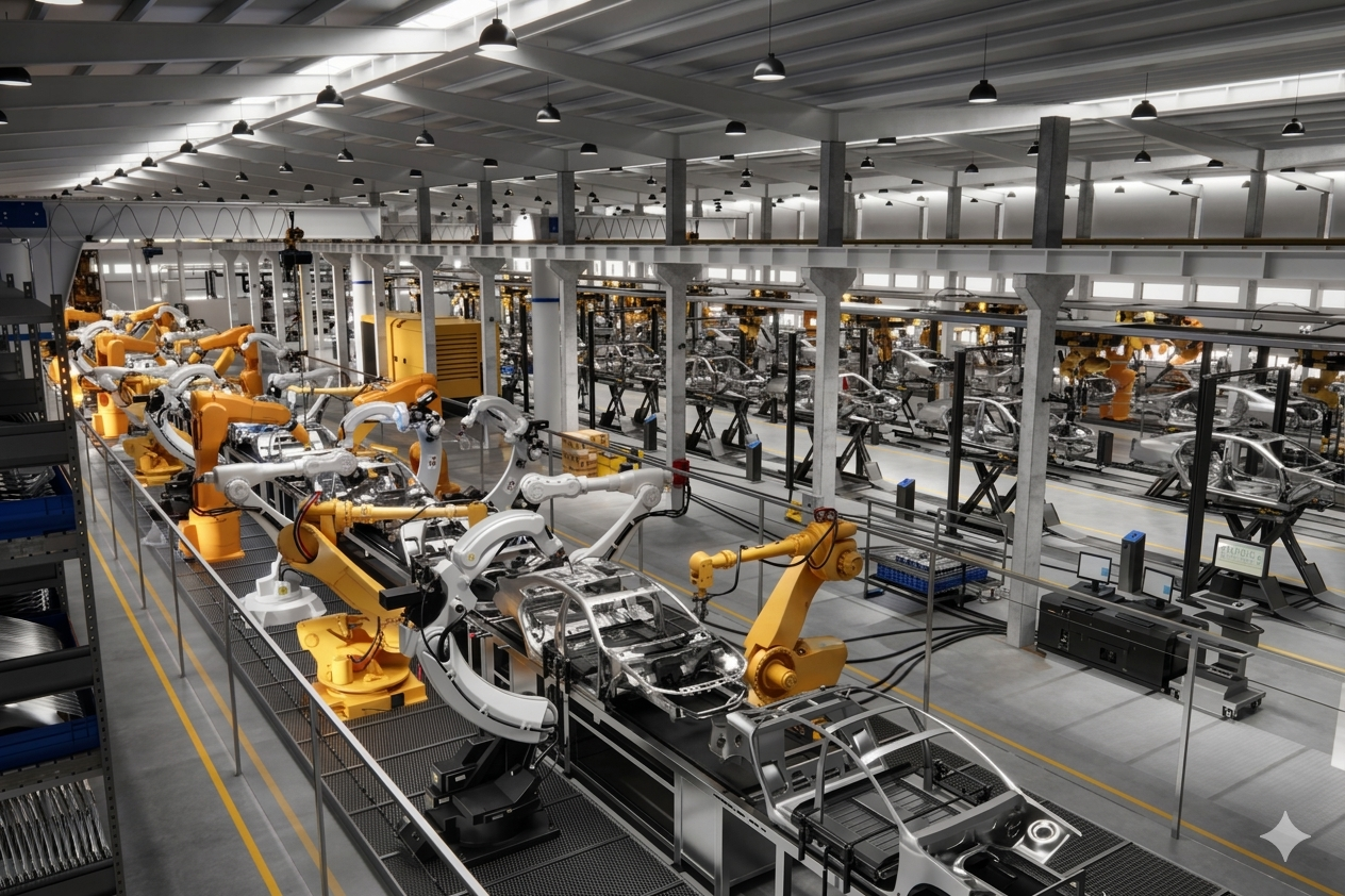 Industrial robotic arms on an automotive production line. High-speed automation and robotics used in large-scale car manufacturing factories.