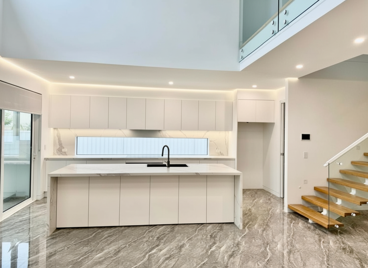 Modern kitchen with white cabinets and marble countertops, island with sink, sliding glass door, and wooden staircase.
