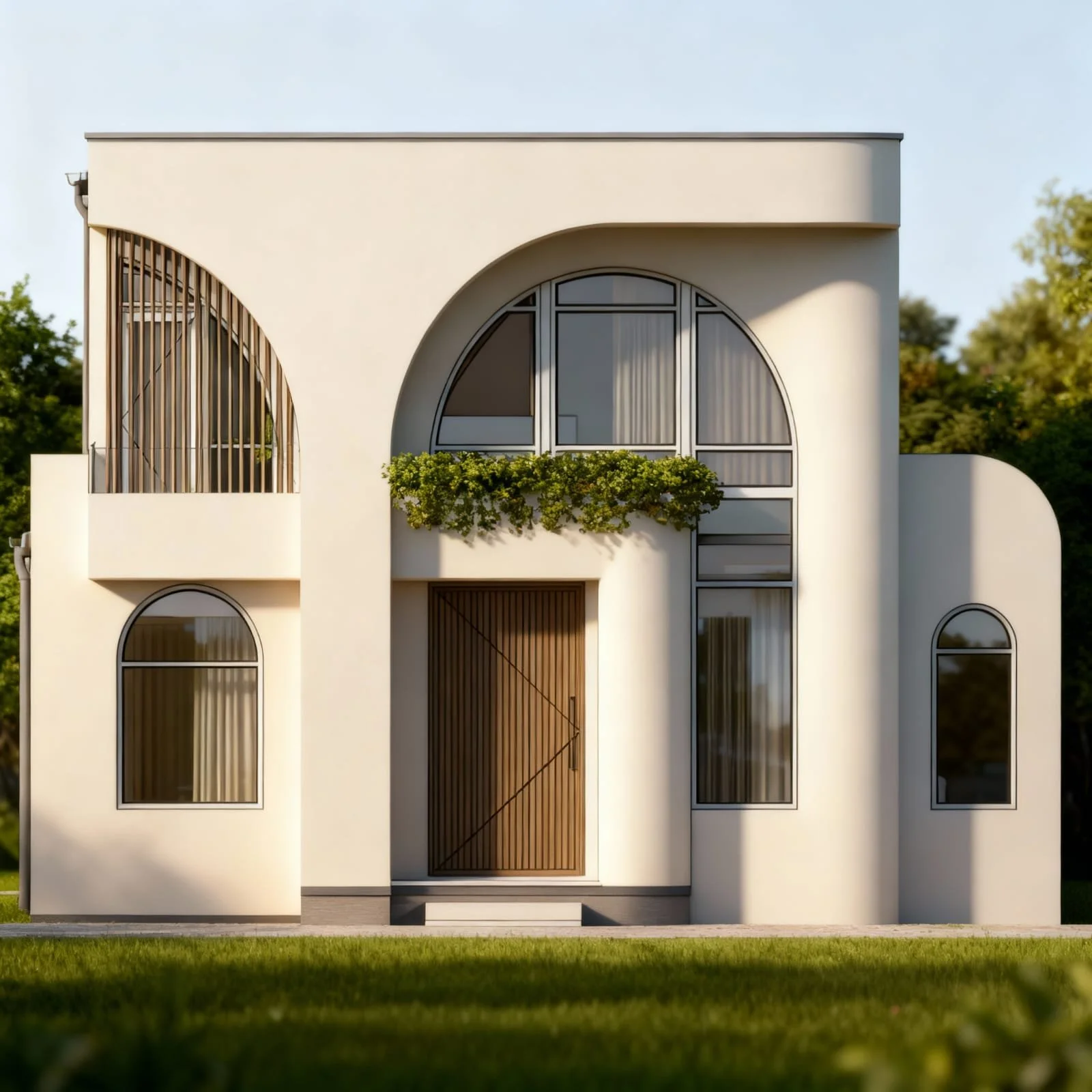 Modern white house with curved architectural design, large arched windows, and a wooden front door, surrounded by green grass and trees in the background.