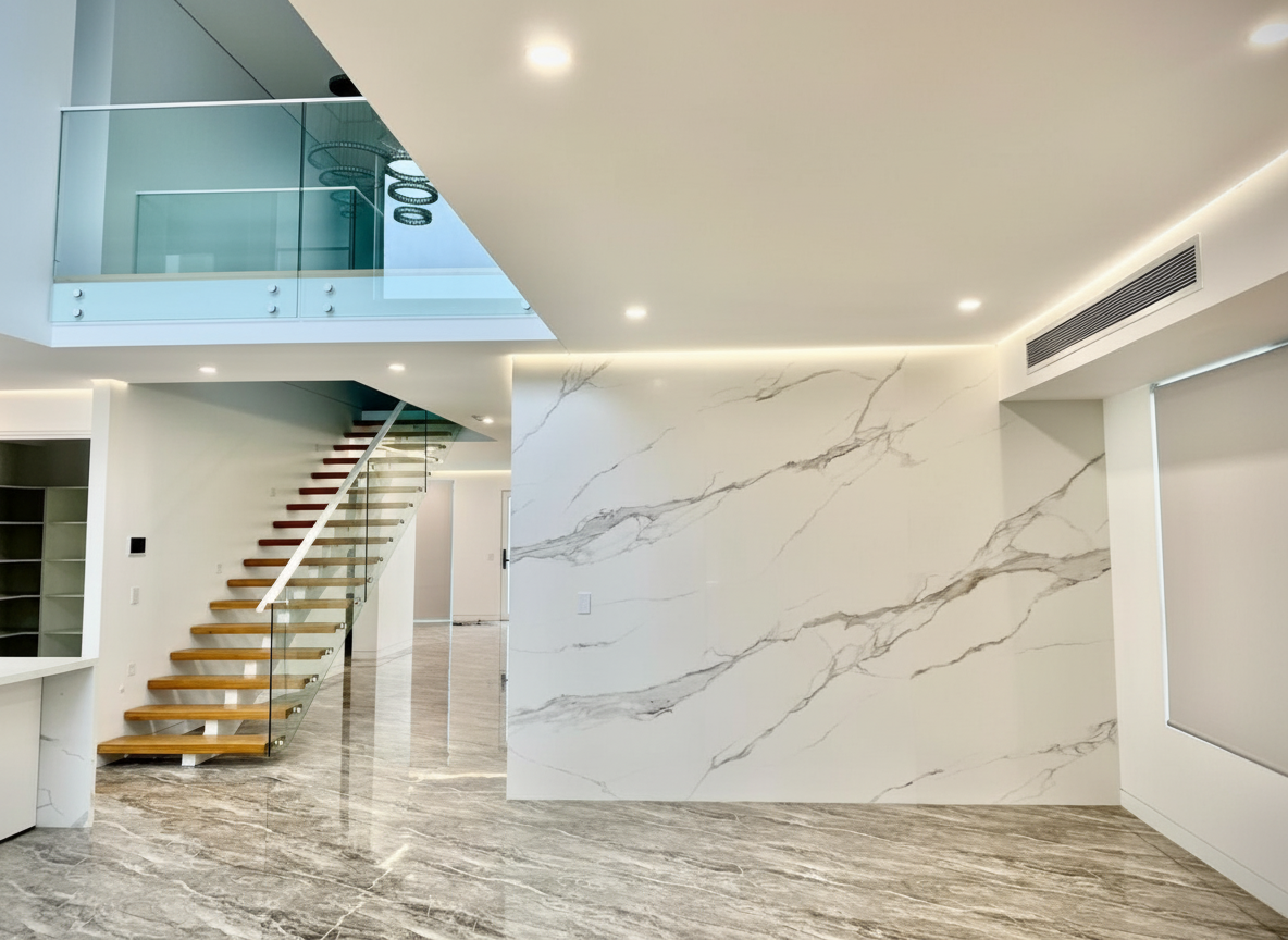Modern interior with marble flooring, white walls, a staircase with wooden steps and glass railing, and a cut-out ceiling section with recessed lighting.