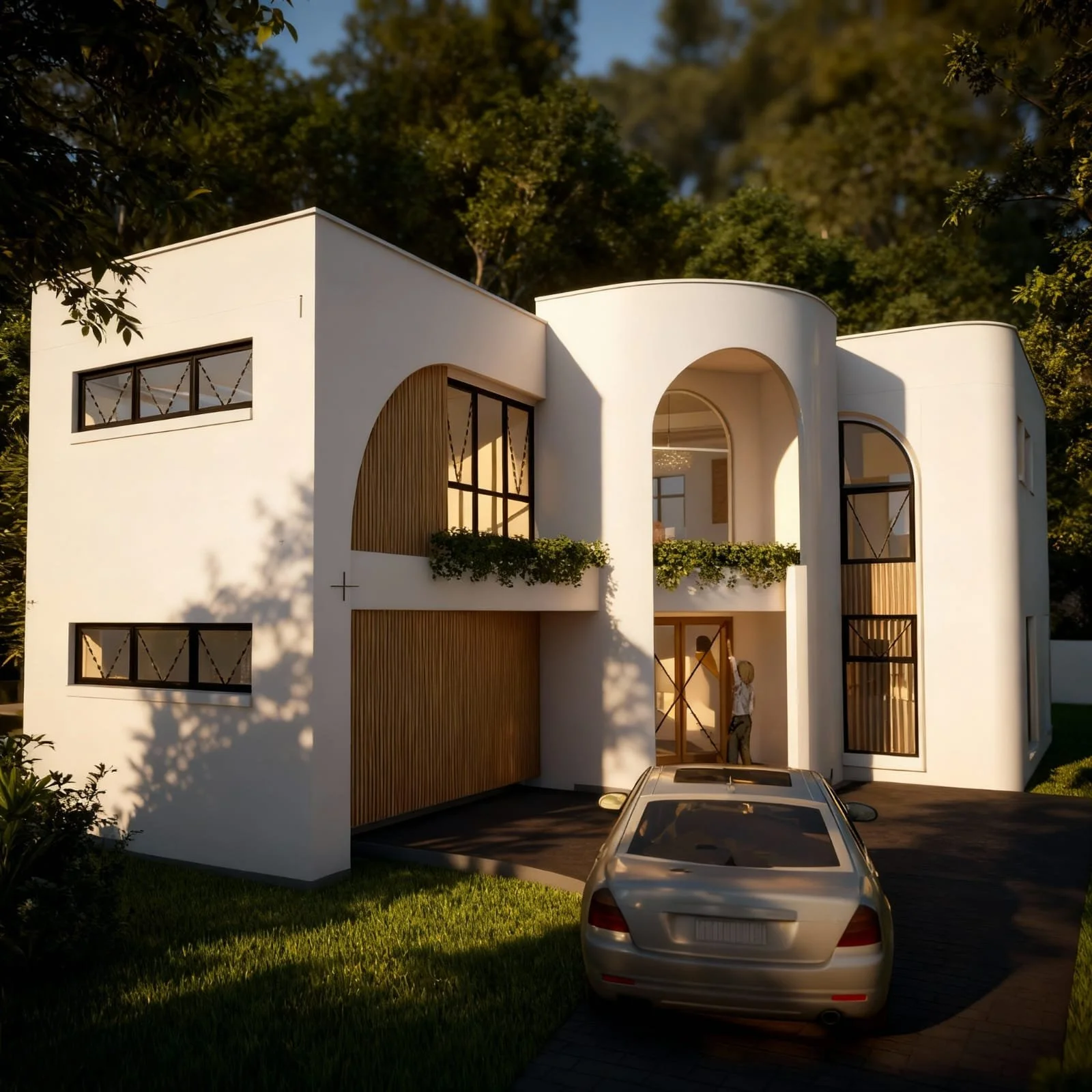 Modern two-story house with white exterior walls, large black-framed windows, and wooden accents. There's a driveway with a silver car parked in front, and a person standing near the entrance. The house is surrounded by greenery and trees, with sunlight casting shadows on the facade.