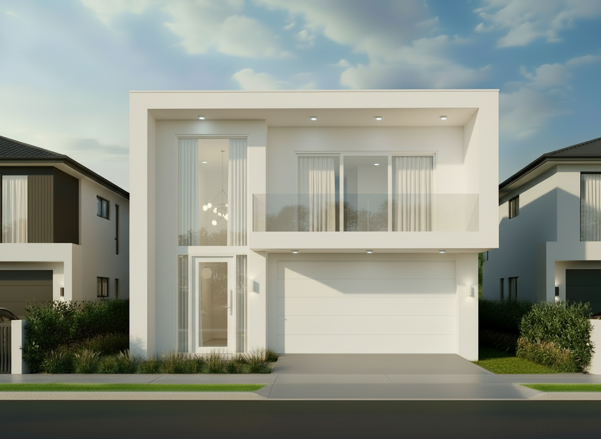 Modern white two-story house with large glass windows, a garage, and minimal landscaping.