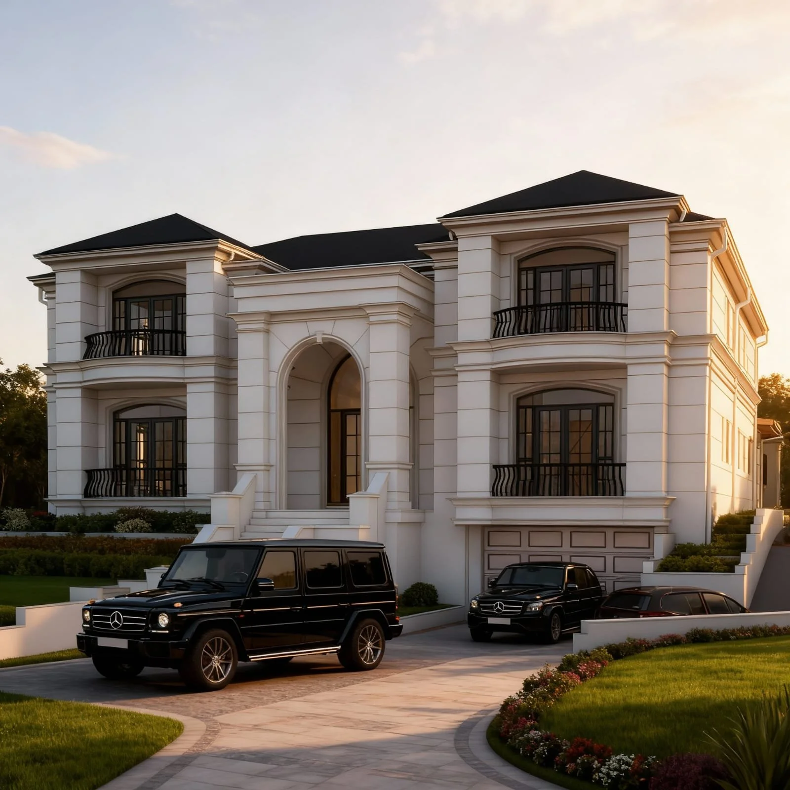 Luxurious white multi-story house with arched entrance, black-framed windows, and balconies with black railings, situated on a landscaped lawn with three black luxury cars parked in front during sunset.