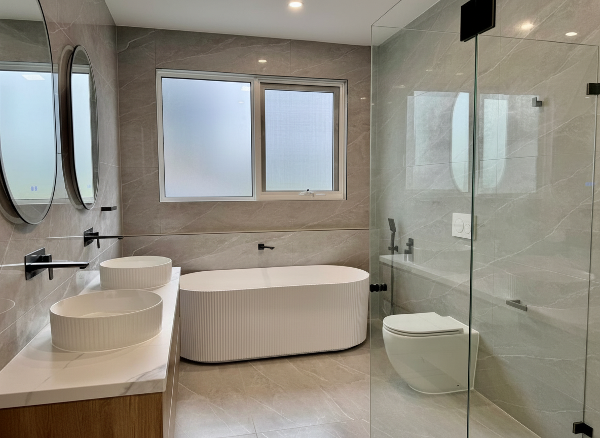 Modern bathroom with two oval mirrors, two vessel sinks on a white countertop, a large freestanding bathtub, a glass-enclosed shower area, and a frosted window.