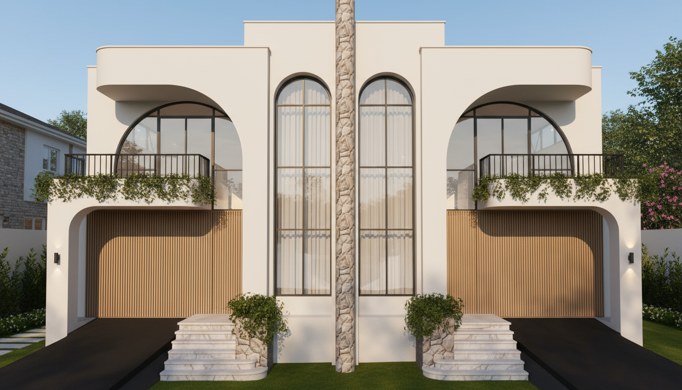 Symmetrical modern white house with curved balconies, stone columns, large arched windows, and black garage doors, set against a clear blue sky.