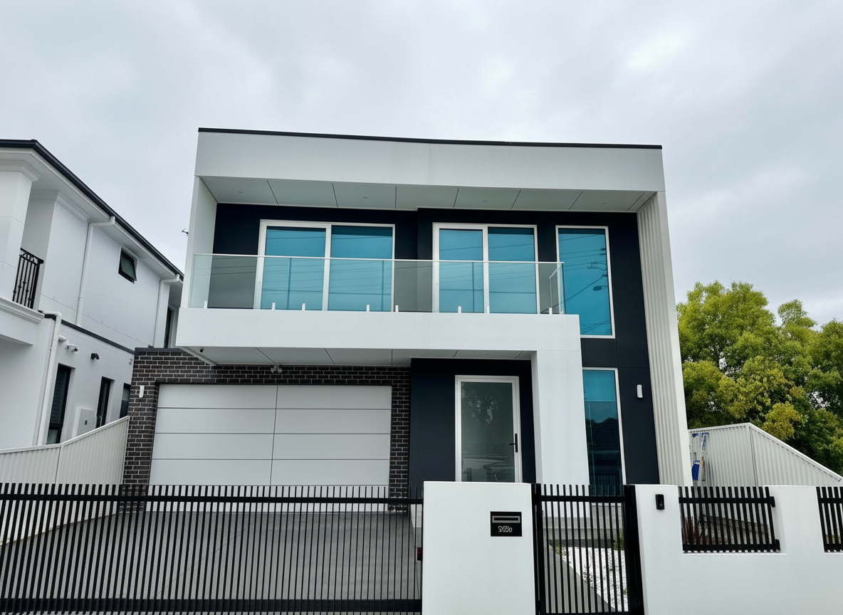 Modern two-story house with white and black exterior, glass balcony, large windows, and a black fence in front.