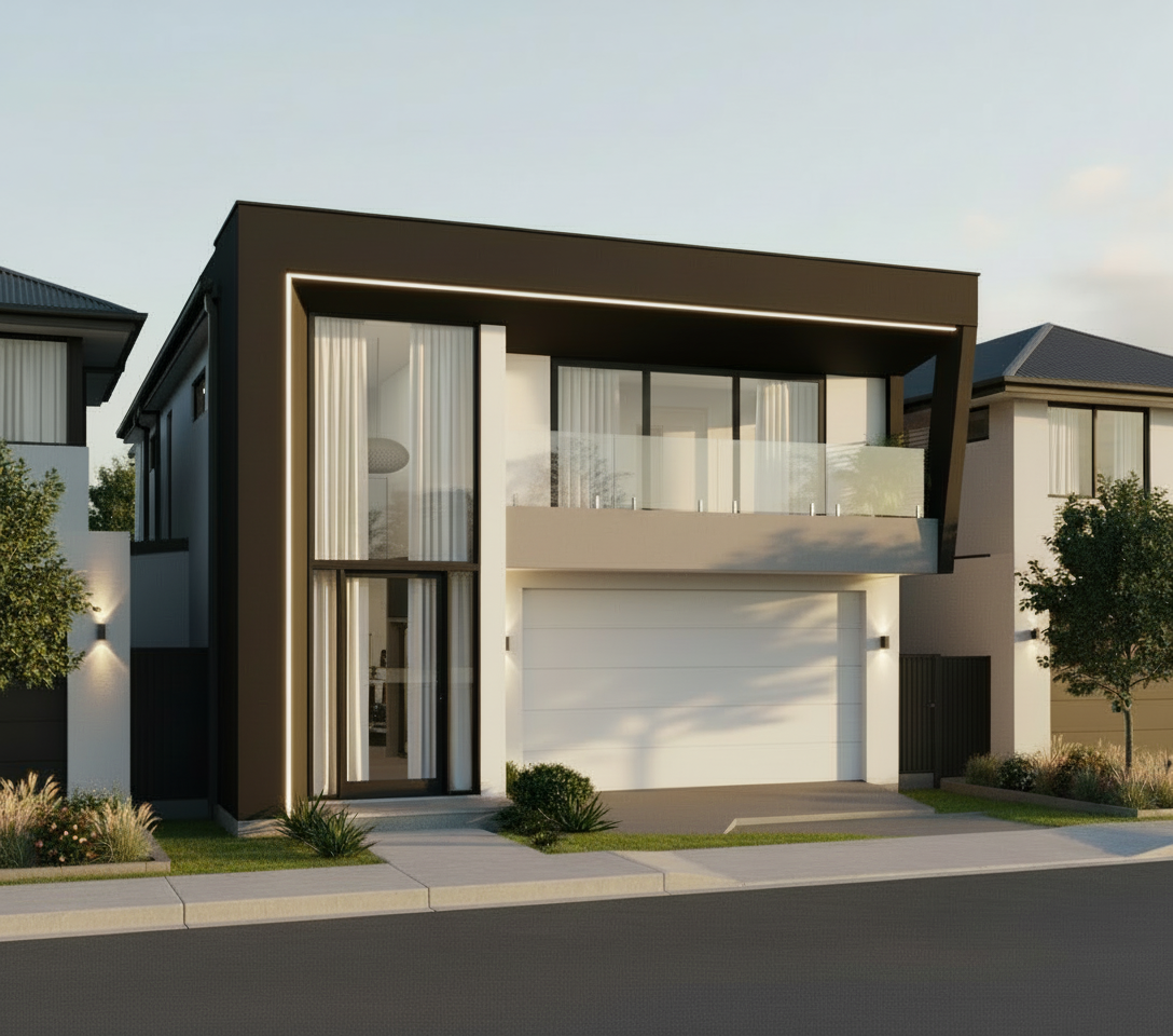 Modern two-story house with white and dark exterior, large glass windows, and a garage, situated in a suburban neighborhood with landscaped front yard.