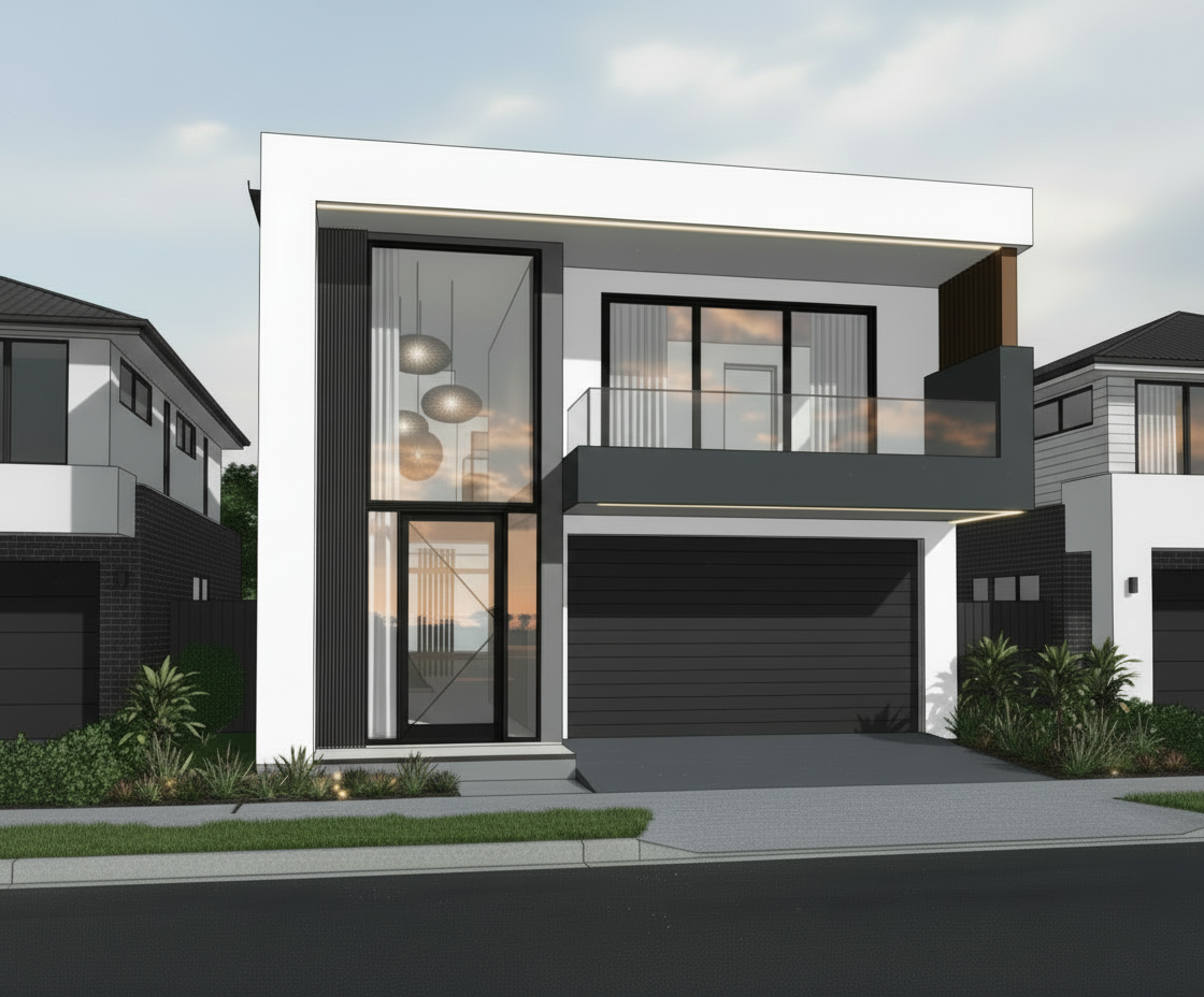 Modern two-story house with white walls, black accents, large glass windows, a balcony, and a black garage door, with landscaped front yard.