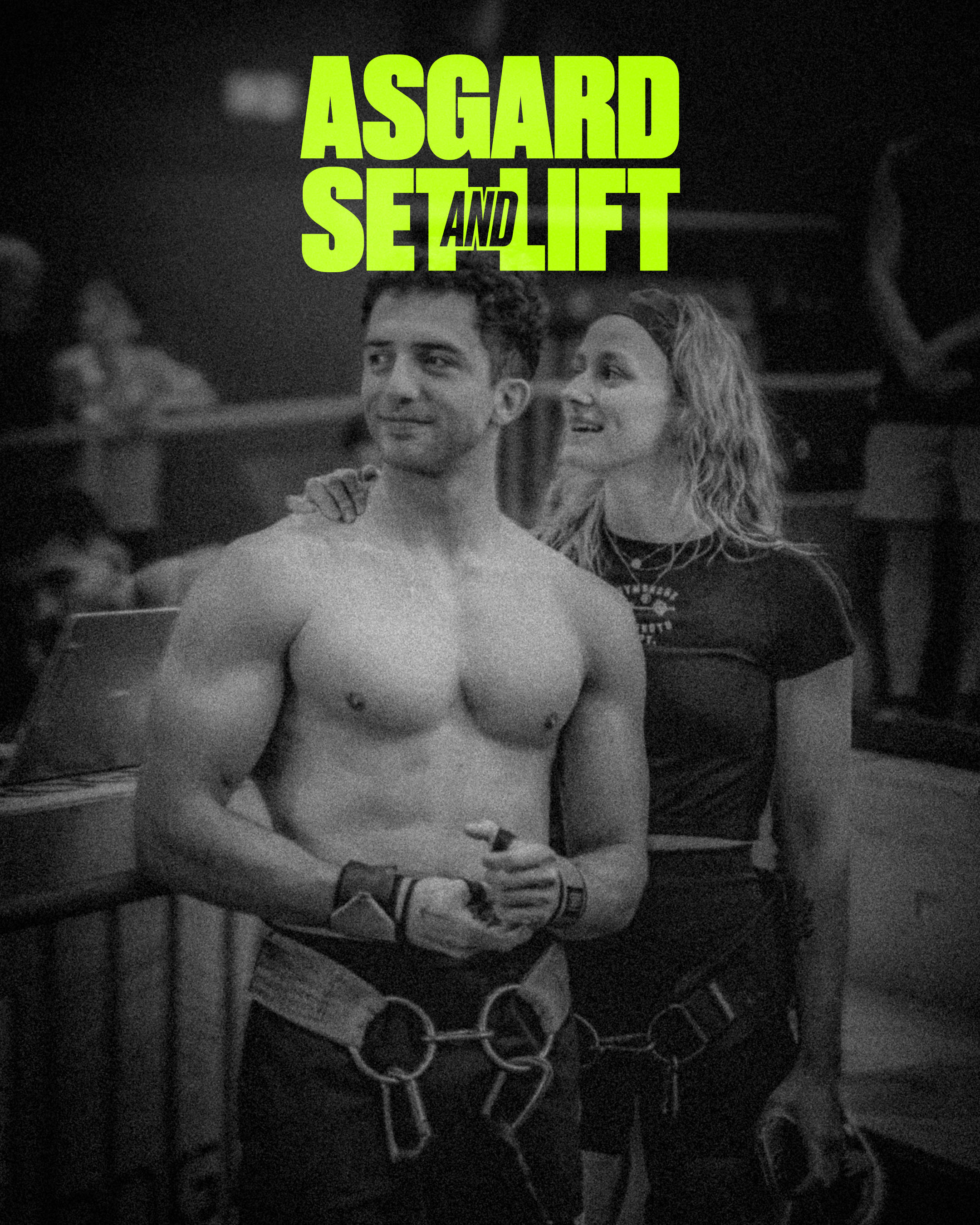 Image en noir et blanc montrant un homme sans chemise portant un équipement d'escalade, avec une femme à ses côtés dans un environnement intérieur, avec un texte vert lumineux "Asgard SE AND LIFT" en haut.